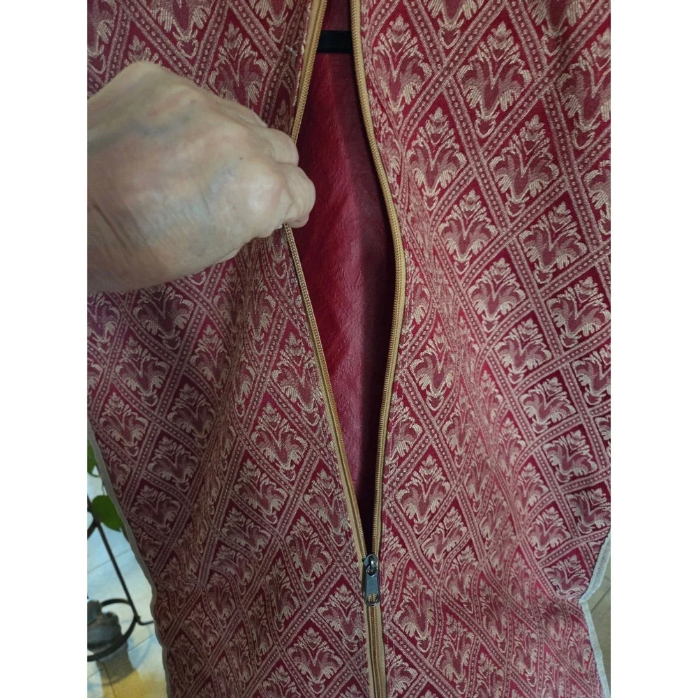 Vintage 80s Red Gold Tapestry Garment Bag Woven Damask Folding Travel Bag